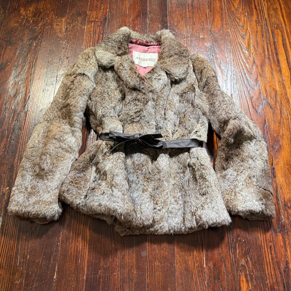 Vintage Mademoiselle Furs Rabbit Fur Jacket Women M Brown Gray Belted Luxury